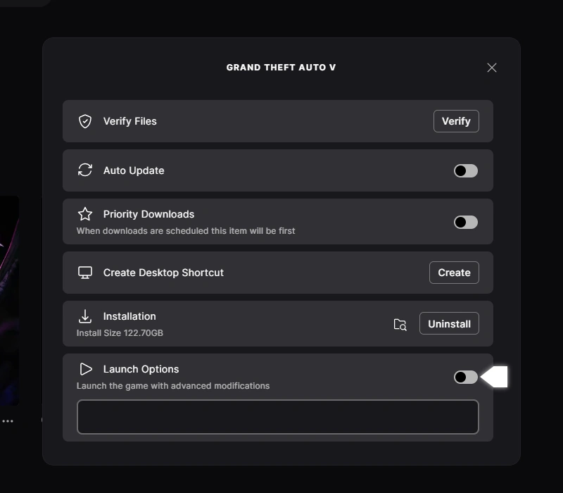 Grand Theft Auto V Launch Options in Epic Games Launcher