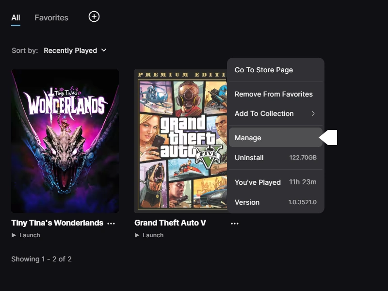 Grand Theft Auto V Options Menu in Epic Games Launcher