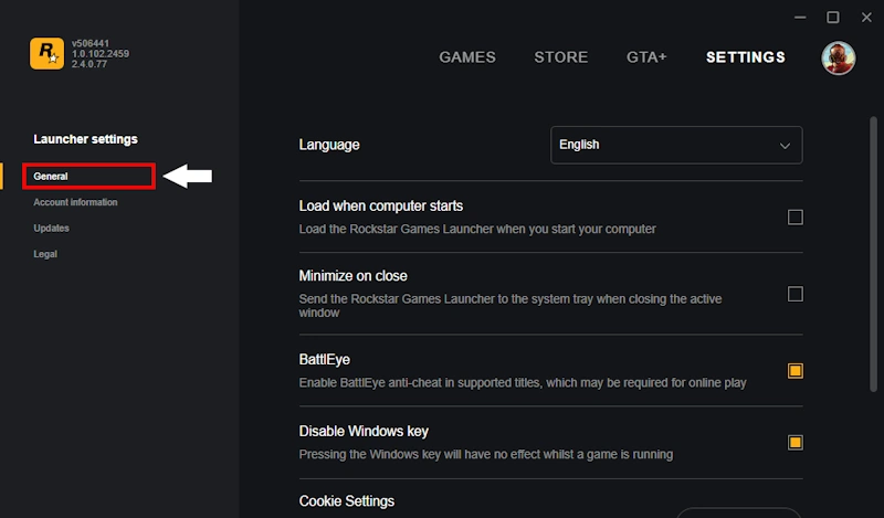 General Settings in Rockstar Games Launcher