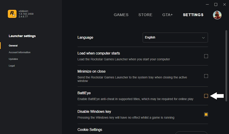 Disabling BattlEye on Rockstar Games Launcher
